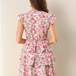 Allegra K Women's V Neck Layered Cap Sleeve Ruffle Valentine's Day Floral Mini Dress