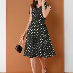 Allegra K Women’s Vintage Polka Dots Tie Waist Sleeveless V-Neck Midi Ruffle Dress