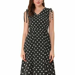 Allegra K Women’s Vintage Polka Dots Tie Waist Sleeveless V-Neck Midi Ruffle Dress