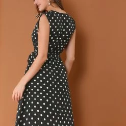 Allegra K Women’s Vintage Polka Dots Tie Waist Sleeveless V-Neck Midi Ruffle Dress