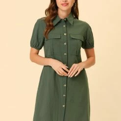 Allegra K Women's Safari Dress Collared Button Down Cotton Belted Shirtdress