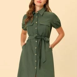 Allegra K Women's Safari Dress Collared Button Down Cotton Belted Shirtdress