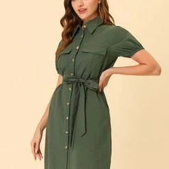 Allegra K Women's Safari Dress Collared Button Down Cotton Belted Shirtdress