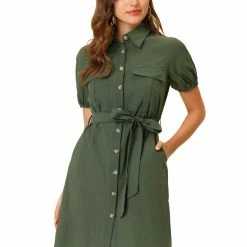 Allegra K Women's Safari Dress Collared Button Down Cotton Belted Shirtdress