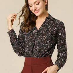 Allegra K Women's Pleated V-neck Long Sleeve Floral Faux Pocket Shirt Blouse