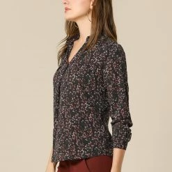 Allegra K Women's Pleated V-neck Long Sleeve Floral Faux Pocket Shirt Blouse