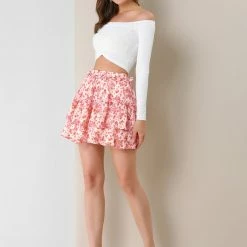 Allegra K Women's Layered Ruffle Hem Chiffon Elastic Waist A-Line Floral Mini Skirt