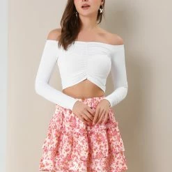 Allegra K Women's Layered Ruffle Hem Chiffon Elastic Waist A-Line Floral Mini Skirt