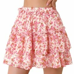 Allegra K Women's Layered Ruffle Hem Chiffon Elastic Waist A-Line Floral Mini Skirt