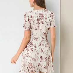 Allegra K Women's Floral Ruffle Hem V Neck A-Line Short Sleeve Chiffon Mini Dress