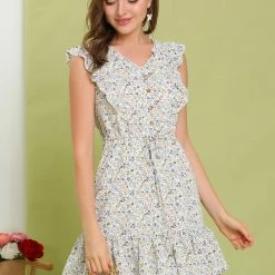 Allegra K Women's V Neck Ruffle Sleeveless Mini Floral Dress