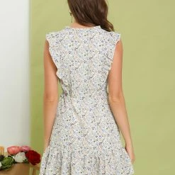 Allegra K Women's V Neck Ruffle Sleeveless Mini Floral Dress