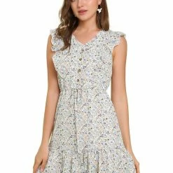 Allegra K Women's V Neck Ruffle Sleeveless Mini Floral Dress
