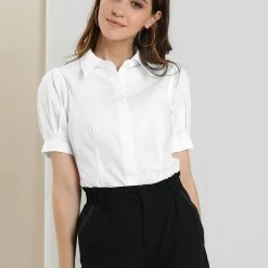 Allegra K Women's Puff Sleeve Collared Cotton Work Office Button Down Shirt 17 Allegra K Women's Puff Sleeve Collared Cotton Work Office Button Down Shirt