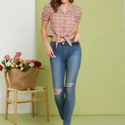 Allegra K Women's Printed Puff Sleeve Camp Collar Button Closure Knot Crop Tops 22 Allegra K Women's Printed Puff Sleeve Camp Collar Button Closure Knot Crop Tops