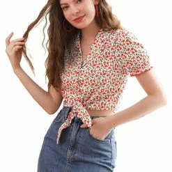 Allegra K Women's Printed Puff Sleeve Camp Collar Button Closure Knot Crop Tops 20 Allegra K Women's Printed Puff Sleeve Camp Collar Button Closure Knot Crop Tops