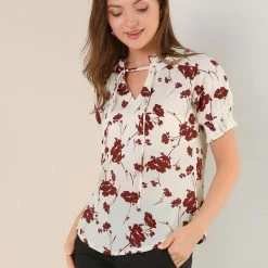Allegra K Women's Ruffle Tie V Neck Casual Smocked Short Sleeve Floral Top Blouse