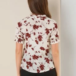Allegra K Women's Ruffle Tie V Neck Casual Smocked Short Sleeve Floral Top Blouse
