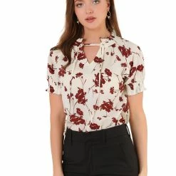 Allegra K Women's Ruffle Tie V Neck Casual Smocked Short Sleeve Floral Top Blouse