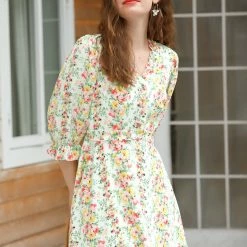 Allegra K Women's Ruffle Floral 3/4 Sleeve A-line V Neck Flare Dress