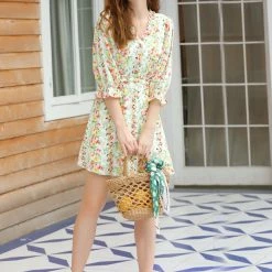 Allegra K Women's Ruffle Floral 3/4 Sleeve A-line V Neck Flare Dress