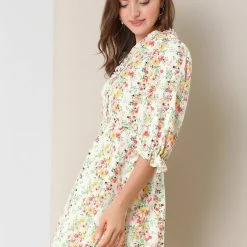 Allegra K Women's Ruffle Floral 3/4 Sleeve A-line V Neck Flare Dress