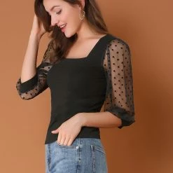 Allegra K Women's Retro Square Neck Blouse Slim Fit Semi Sheer 3/4 Mesh Sleeve Tops
