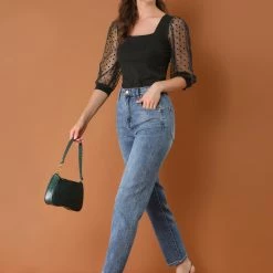 Allegra K Women's Retro Square Neck Blouse Slim Fit Semi Sheer 3/4 Mesh Sleeve Tops