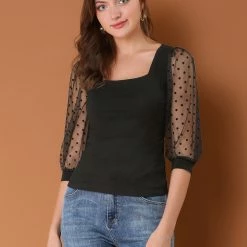 Allegra K Women's Retro Square Neck Blouse Slim Fit Semi Sheer 3/4 Mesh Sleeve Tops