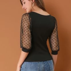 Allegra K Women's Retro Square Neck Blouse Slim Fit Semi Sheer 3/4 Mesh Sleeve Tops