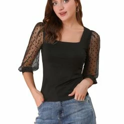 Allegra K Women's Retro Square Neck Blouse Slim Fit Semi Sheer 3/4 Mesh Sleeve Tops