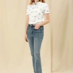 Allegra K Women's Cotton Frilled Top Turndown Collar Solid Blouse Shirt