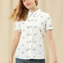 Allegra K Women's Cotton Frilled Top Turndown Collar Solid Blouse Shirt