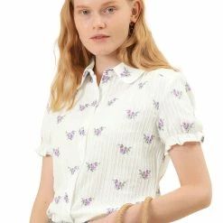 Allegra K Women's Cotton Frilled Top Turndown Collar Solid Blouse Shirt