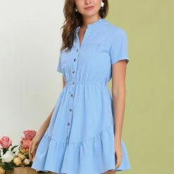 Allegra K Women's Cotton Button Down Shirt Dress Ruffle Collar Neck Belted Hem Short Sleeve Casual Above Knee Shirtdress