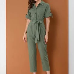 Allegra K Women's Vintage Turndown Collar Button Up Tie Waist Jumpsuit With Pockets