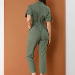 Allegra K Women's Vintage Turndown Collar Button Up Tie Waist Jumpsuit With Pockets