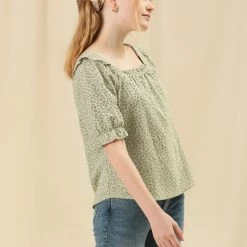 Allegra K Women's Square Neck Puff Sleeve Ruffled Peasant Floral Blouse Top