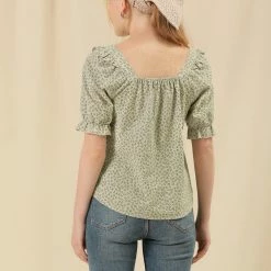 Allegra K Women's Square Neck Puff Sleeve Ruffled Peasant Floral Blouse Top