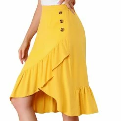 Allegra K Women's Button Decor High Waist Solid Color Asymmetrical Ruffle Skirt