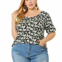Allegra K Women's Plus Size Top Floral Print Short Sleeve Scoop Neck Summer Tunics 13 Allegra K Women's Plus Size Top Floral Print Short Sleeve Scoop Neck Summer Tunics