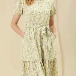 Allegra K Women's Floral Print Short Sleeve Dresses Belted Ruffle Hem Dress With Pockets