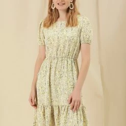 Allegra K Women's Floral Print Short Sleeve Dresses Belted Ruffle Hem Dress With Pockets