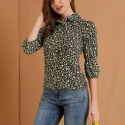 Allegra K Women's Puff 3/4 Sleeves Turndown Collar Button Up Peasant Floral Shirt 21 Allegra K Women's Puff 3/4 Sleeves Turndown Collar Button Up Peasant Floral Shirt