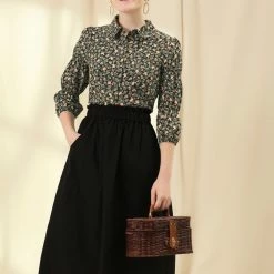 Allegra K Women's Puff 3/4 Sleeves Turndown Collar Button Up Peasant Floral Shirt 22 Allegra K Women's Puff 3/4 Sleeves Turndown Collar Button Up Peasant Floral Shirt