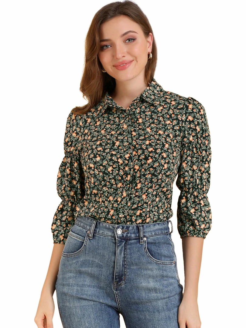 Allegra K Women's Puff 3/4 Sleeves Turndown Collar Button Up Peasant Floral Shirt 9 Allegra K Women's Puff 3/4 Sleeves Turndown Collar Button Up Peasant Floral Shirt