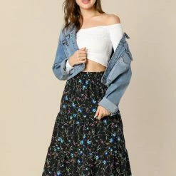 Allegra K Women's Midi Skirts Elastic Waist Floral Tiered Skirt 31 Allegra K Women's Midi Skirts Elastic Waist Floral Tiered Skirt