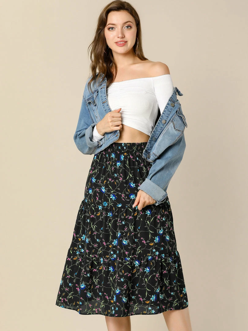 Allegra K Women's Midi Skirts Elastic Waist Floral Tiered Skirt 11 Allegra K Women's Midi Skirts Elastic Waist Floral Tiered Skirt
