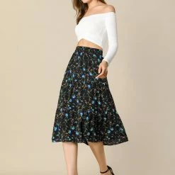 Allegra K Women's Midi Skirts Elastic Waist Floral Tiered Skirt 32 Allegra K Women's Midi Skirts Elastic Waist Floral Tiered Skirt
