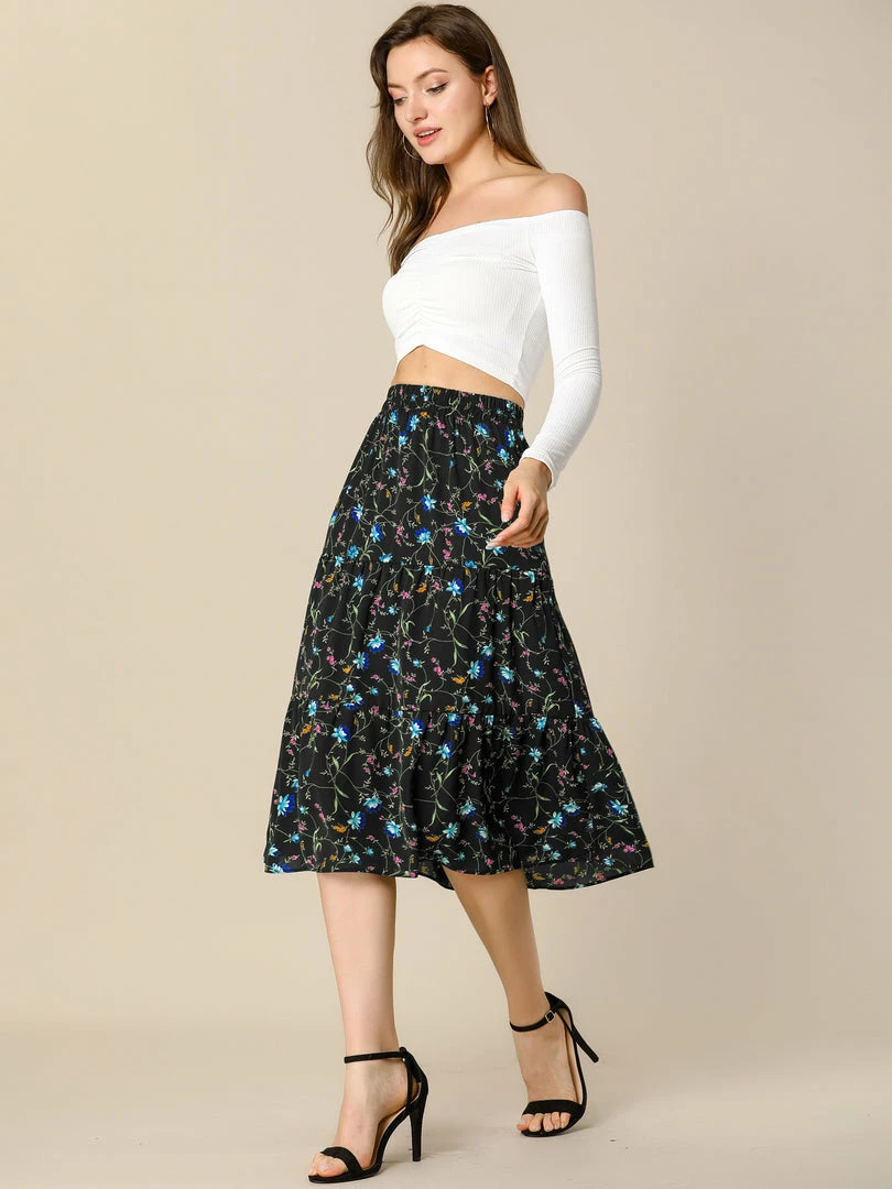 Allegra K Women's Midi Skirts Elastic Waist Floral Tiered Skirt 12 Allegra K Women's Midi Skirts Elastic Waist Floral Tiered Skirt
